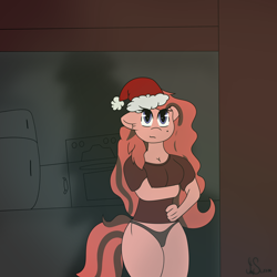 Size: 2500x2500 | Tagged: safe, artist:inky scroll, derpibooru import, oc, oc only, oc:scarlett blade, anthro, christmas, christmas tree, clothes, female, hat, holiday, mare, panties, santa hat, shirt, tree, underwear