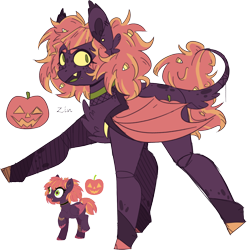 Size: 2746x2776 | Tagged: safe, artist:zinmystery, derpibooru import, oc, oc only, oc:pumpkin pandemonium pie, bat pony, pony, bat wings, candy, candy corn, chest fluff, choker, food, interspecies offspring, offspring, parent:discord, parent:pinkie pie, parents:discopie, simple background, solo, transparent background, wings, yellow sclera