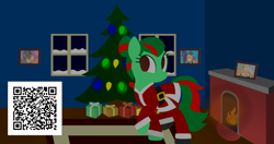 Size: 4096x2160 | Tagged: safe, artist:thunder-blur, derpibooru import, oc, oc only, earth pony, pony, christmas, christmas tree, fireplace, holiday, picture frame, present, qr code, raised hoof, simple background, solo, tree, wallpaper, window