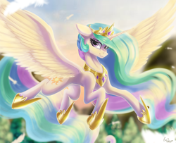 Size: 1480x1200 | Tagged: safe, artist:evedizzy26, derpibooru import, princess celestia, alicorn, pony, beautiful, blurry background, crown, ear fluff, female, flying, jewelry, looking at you, mare, regalia, solo, spread wings, sunshine, wings