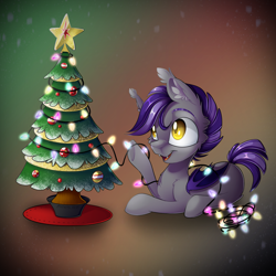 Size: 2048x2048 | Tagged: safe, artist:mychelle, derpibooru import, oc, bat pony, pony, christmas, christmas tree, female, holiday, lying down, mare, prone, solo, tree