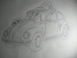 Size: 4000x3000 | Tagged: safe, artist:cobra0281, derpibooru import, pinkie pie, earth pony, human, pony, equestria girls, car, cutie mark, female, grayscale, monochrome, pencil drawing, photo, traditional art, upside down, volkswagen, volkswagen beetle