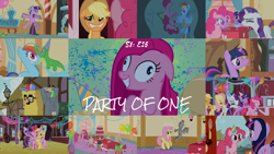 Size: 1982x1115 | Tagged: safe, derpibooru import, edit, edited screencap, editor:quoterific, screencap, applejack, fluttershy, gummy, madame leflour, mr. turnip, pinkie pie, rainbow dash, rarity, rocky, sir lintsalot, twilight sparkle, unicorn twilight, alligator, earth pony, pegasus, pony, unicorn, party of one, balloon, cake, clown nose, female, flour, food, groucho mask, hat, male, mane six, mare, party hat, pinkamena diane pie, rock, turnip