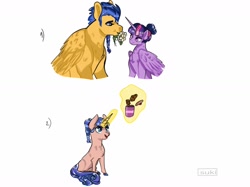 Size: 1600x1199 | Tagged: safe, artist:sukidoodles, derpibooru import, flash sentry, twilight sparkle, twilight sparkle (alicorn), oc, oc:nova sparkle, alicorn, pegasus, pony, unicorn, female, filly, flashlight, flower, flower in mouth, hair bun, male, mouth hold, offspring, parent:flash sentry, parent:twilight sparkle, parents:flashlight, shipping, simple background, straight, white background