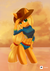 Size: 1000x1407 | Tagged: safe, artist:howxu, derpibooru import, applejack, anthro, earth pony, abs, applejack's hat, applerack, belly button, breasts, clothes, cowboy hat, cute, equestria girls outfit, female, freckles, hat, jackabetes, looking at you, solo, sunset, swimsuit