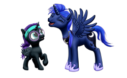 Size: 2575x1591 | Tagged: safe, artist:vasillium, derpibooru import, prince artemis, princess luna, oc, oc:nyx, alicorn, pony, accessories, adorable face, adorkable, alicorn oc, artemabetes, closed mouth, cute, cutie mark, diabetes, dork, eyebrows, eyelashes, eyes closed, eyes open, female, glasses, happy, headband, horn, horseshoes, jewelry, looking, looking up, male, moon, mouth closed, necklace, nostrils, nyxabetes, open mouth, ponytail, prince, regalia, royalty, rule 63, rule63betes, simple background, smiling, spread wings, stallion, standing, transparent background, wall of tags, wings
