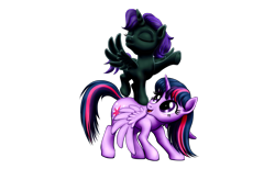 Size: 2575x1591 | Tagged: safe, artist:vasillium, derpibooru import, twilight sparkle, twilight sparkle (alicorn), oc, oc:nyx, alicorn, pony, accessories, alicorn oc, closed mouth, clothes, cutie mark, daughter, eyebrows, eyelashes, eyes closed, family, female, filly, happy, headband, horn, mare, mother, mother and child, mother and daughter, mouth closed, nostrils, one hoof raised, open mouth, parent and child, parent and foal, princess, royalty, simple background, spread wings, standing, stars, transparent background, wings