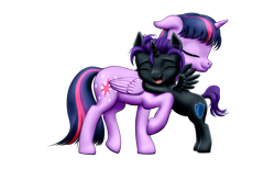 Size: 2575x1591 | Tagged: safe, artist:vasillium, derpibooru import, twilight sparkle, twilight sparkle (alicorn), oc, oc:nyx, alicorn, pony, alicorn oc, closed mouth, cutie mark, daughter, eyebrows, eyelashes, eyes closed, family, female, filly, happy, horn, hug, love, mare, moon, mother, mother and child, mother and daughter, motherly love, mouth closed, nostrils, one hoof raised, open mouth, parent and child, parent and foal, princess, royalty, shield, simple background, spread wings, standing, standing on back legs, stars, transparent background, wings