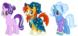 Size: 1280x587 | Tagged: safe, artist:aleximusprime, derpibooru import, starlight glimmer, sunburst, trixie, pony, alternate hairstyle, babysitter trixie, clothes, female, hoodie, male, mare, simple background, stallion, transparent background