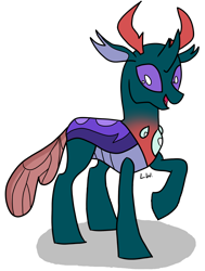 Size: 1608x2128 | Tagged: safe, artist:byteslice, derpibooru import, pharynx, changedling, changeling, happy, male, prince pharynx, raised hoof, simple background, smiling, solo, transparent background