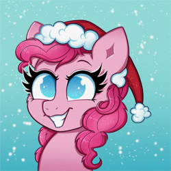 Size: 2000x2000 | Tagged: safe, artist:confetticakez, derpibooru import, pinkie pie, earth pony, pony, blue background, bust, christmas, clothes, cute, diapinkes, female, grin, hat, high res, holiday, mare, no pupils, portrait, santa hat, simple background, smiling, snow, solo
