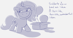 Size: 1153x615 | Tagged: safe, artist:heretichesh, derpibooru import, oc, oc only, oc:zew, pony, unicorn, balloon, box, female, filly, grinch face, silly, sketch, solo, text