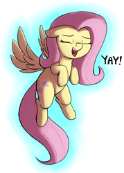 Size: 1556x2171 | Tagged: safe, artist:heretichesh, derpibooru import, fluttershy, pegasus, pony, dialogue, female, happy, mare, painterly, simple background, solo, text, white background, yay