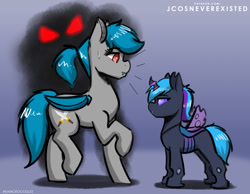 Size: 1024x793 | Tagged: safe, artist:jcosneverexisted, derpibooru import, oc, oc only, oc:clover knight, oc:lucy (changeling), bat pony, changeling, pony, aura, female, filly, looking at each other, mare, purple changeling