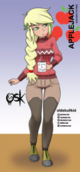 Size: 984x2099 | Tagged: safe, alternate version, artist:oldskullkid, derpibooru import, applejack, human, alternate hairstyle, christmas, holiday, human coloration, mug