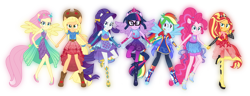 Size: 9000x3442 | Tagged: safe, artist:lincolnbrewsterfan, derpibooru exclusive, derpibooru import, applejack, fluttershy, pinkie pie, rainbow dash, rarity, sci-twi, sunset shimmer, twilight sparkle, human, equestria girls, alternate hairstyle, bare shoulders, boots, clothes, cutie mark on clothes, dress, fingerless gloves, gloves, humane five, humane seven, humane six, jewelry, leg bracelet, leggings, long gloves, looking at you, ponied up, pony ears, ponytail, shirt, shoes, simple background, skirt, sleeveless, tiara, transparent background, vector, winged humanization, wings