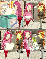 Size: 1024x1306 | Tagged: safe, artist:meiyeezhu, derpibooru import, majorette, mayor mare, pinkie pie, sunset shimmer, human, equestria girls, advertisement, anime, bow, clothes, comic, cringing, desk, door, fountain pen, glasses, gloves, hair bun, high heels, hoodie, humanized, injection, inkwell, needle, odango, office, old master q, pain, pants, parody, poster, reference, rolled up sleeves, sad, scared, shoes, sign, skirt, slogan, surprised, vaccination, window