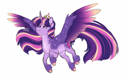 Size: 1440x910 | Tagged: safe, artist:silentwolf-oficial, derpibooru import, twilight sparkle, twilight sparkle (alicorn), alicorn, pony, alternate design, cloven hooves, colored hooves, female, flying, jewelry, mare, simple background, solo, tiara, unshorn fetlocks, white background