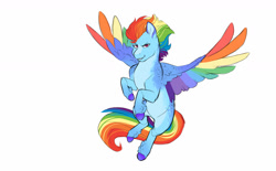 Size: 1440x890 | Tagged: safe, artist:silentwolf-oficial, derpibooru import, rainbow dash, pegasus, pony, alternate design, colored hooves, colored wings, colored wingtips, female, flying, mare, multicolored wings, rainbow wings, simple background, solo, white background, wings