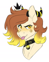 Size: 1513x1884 | Tagged: safe, artist:silentwolf-oficial, derpibooru import, oc, oc only, pony, :p, blushing, bust, choker, crown, horns, jewelry, regalia, simple background, solo, tongue out, white background