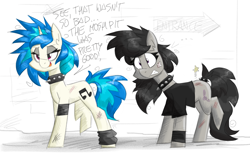 Size: 2900x1800 | Tagged: safe, artist:flutterthrash, derpibooru import, dj pon-3, octavia melody, vinyl scratch, earth pony, pony, unicorn, alternate hairstyle, bandaid, bruised, choker, clothes, dialogue, goth, gritted teeth, messy mane, pain, pain star, punk, shirt, spiked choker, tailcuff, text