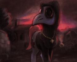 Size: 2500x2000 | Tagged: safe, artist:t72b, derpibooru import, nurse redheart, earth pony, pony, backlighting, dusk, hood, jewelry, limited palette, pendant, plague doctor mask, smoke, solo, town, tree