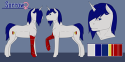 Size: 4941x2449 | Tagged: safe, artist:imreer, derpibooru import, oc, oc only, oc:sorrow, pony, unicorn, amputee, bust, commission, female, horn, mare, prosthetic leg, prosthetic limb, prosthetics, raised hoof, unicorn oc, ych result