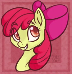 Size: 1280x1305 | Tagged: safe, artist:shylunaart, derpibooru import, apple bloom, pony, bust, eye clipping through hair, eyebrows visible through hair, female, filly, portrait, smiling, solo