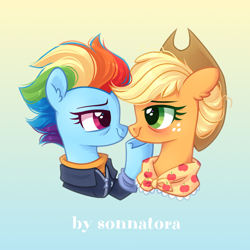 Size: 696x696 | Tagged: safe, artist:sonnatora, derpibooru import, applejack, rainbow dash, earth pony, pegasus, pony, the last problem, appledash, female, lesbian, older, older applejack, older rainbow dash, shipping