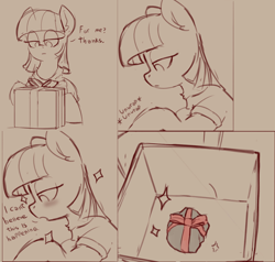 Size: 2066x1970 | Tagged: safe, artist:yoditax, derpibooru import, maud pie, earth pony, pony, blushing, box, comic, dialogue, female, gift wrap, lidded eyes, present, ribbon, rock, sketch, solo, sparkles, that pony sure does love rocks