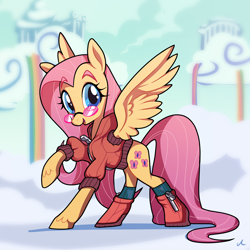 Size: 3150x3150 | Tagged: safe, artist:docwario, derpibooru import, fluttershy, pegasus, pony, boots, clothes, cloud, cloudsdale, cute, female, glasses, hoof shoes, jacket, looking at you, mare, open mouth, rainbow, raised hoof, shoes, solo, spread wings, wings