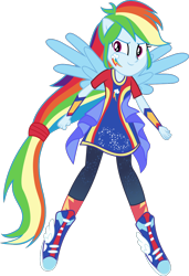 Size: 888x1295 | Tagged: safe, artist:lincolnbrewsterfan, derpibooru exclusive, derpibooru import, rainbow dash, human, equestria girls, .svg available, alternative cutie mark placement, facial cutie mark, glow, gorget, leggings, long shirt, looking sideways, ponied up, pony ears, shoes, vector, wings