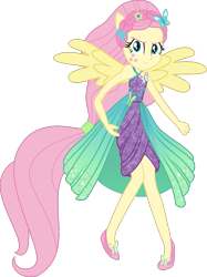 Size: 1009x1349 | Tagged: safe, artist:lincolnbrewsterfan, derpibooru exclusive, derpibooru import, fluttershy, human, equestria girls, .svg available, alternative cutie mark placement, bare shoulders, clothes, dress, facial cutie mark, flower, flower in hair, halterneck, looking at you, ponied up, pony ears, shoes, sleeveless, vector, wings