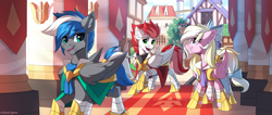 Size: 3000x1266 | Tagged: safe, artist:redchetgreen, oc, oc only, oc:bay breeze, oc:cloud zapper, oc:swift apex, pegasus, pony, building, open mouth, pegasus oc, royal guard, scenery, wings