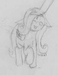 Size: 1251x1608 | Tagged: safe, artist:wapamario63, fluttershy, human, pegasus, pony, blushing, cute, eyes closed, female, filly, hand, head pat, monochrome, offscreen character, petting, raised hoof, shyabetes, simple background, sketch, traditional art