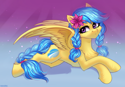 Size: 2475x1726 | Tagged: safe, artist:hakaina, derpibooru import, oc, oc only, oc:jeppesen, pegasus, pony, braid, braided tail, chest fluff, commission, cute, ear fluff, feather, female, flower, flower in hair, looking at you, lying down, mare, multicolored hair, pegasus oc, prone, simple background, solo, twin braids, wings, ych result, yellow fur, your character here