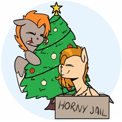 Size: 2160x2160 | Tagged: safe, artist:jellysiek, derpibooru import, oc, oc only, oc:carmel, pegasus, pony, box, candy, candy cane, christmas, christmas lights, christmas tree, commission, eyes closed, food, happy, holiday, horny jail, sitting, smiling, stars, tree, ych example, your character here