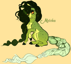 Size: 990x889 | Tagged: safe, artist:darkimae, derpibooru import, oc, oc:matcha, braid, female, green, green tea, long mane, long tail, mare, orange eyes