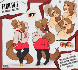 Size: 1342x1200 | Tagged: safe, artist:sufficient, oc, oc only, oc:fun fact, anthro, earth pony, anthro oc, chubby, female, hoodie, long tail, mare, milf, ponytail, reference sheet, roundel, skirt, solo, stockings, text