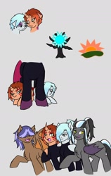 Size: 1280x2024 | Tagged: safe, artist:jolliapplegirl, derpibooru import, tempest shadow, oc, oc:halberd, oc:midsummer solstice, oc:northwind, oc:wintertide solstice, bat pony, pegasus, pony, unicorn, bat pony oc, bat wings, bruised, colt, curved horn, cutie mark, face markings, female, hiding, horn, male, mare, next generation, offspring, parent:spearhead, parents:canon x oc, siblings, stallion, wings