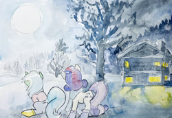 Size: 2000x1379 | Tagged: safe, artist:mandumustbasukanemen, derpibooru import, bon bon, lyra heartstrings, sweetie drops, earth pony, unicorn, boots, clothes, duo, female, house, mare, moon, night, scarf, shoes, snow, traditional art, tree, watercolor painting, winter