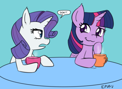 Size: 1000x733 | Tagged: safe, artist:empyu, derpibooru import, rarity, twilight sparkle, twilight sparkle (alicorn), alicorn, pony, unicorn, 30 minute art challenge, chocolate, food, hot chocolate, speech bubble