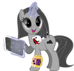 Size: 3121x2968 | Tagged: safe, artist:lincolnbrewsterfan, derpibooru exclusive, derpibooru import, oc, oc only, oc:blackjack, oc:somber, pony, unicorn, fallout equestria, fallout equestria: project horizons, .svg available, cute, cuteber, female, gold pipbuck 3000, happy, looking up, magic, mare, pipbuck 3000, plushie, ponysona, simple background, smiling, svg, tablet, telekinesis, transparent background, vector, when she smiles