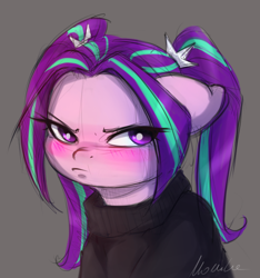 Size: 2280x2436 | Tagged: safe, artist:buttersprinkle, derpibooru import, aria blaze, pony, equestria girls, rainbow rocks, angry, aria blaze is not amused, ariabetes, blushing, bust, clothes, cute, equestria girls ponified, female, floppy ears, frown, gray background, grumpy, madorable, mare, ponified, simple background, solo, sweater, tsundaria, tsundere, unamused