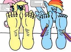 Size: 2168x1568 | Tagged: safe, artist:alexianbc, derpibooru import, fluttershy, rainbow dash, anthro, pegasus, plantigrade anthro, barefoot, brush, crying, eyes closed, feet, fetish, foot fetish, laughing, levitation, magic, soles, tears of laughter, telekinesis, tickle fetish, tickle torture, tickling, toes