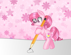 Size: 1694x1323 | Tagged: safe, artist:guruyunus17, derpibooru import, oc, oc:annisa trihapsari, earth pony, pony, female, flower, heart, mare, medibang paint, pencil, pink background, simple background, smiling, solo