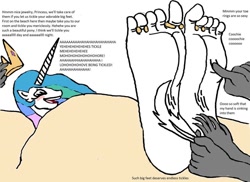 Size: 1024x744 | Tagged: safe, artist:alexianbc, derpibooru import, princess celestia, alicorn, anthro, plantigrade anthro, barefoot, buried in sand, crown, disembodied hand, eyes closed, feet, fetish, foot fetish, hand, jewelry, laughing, offscreen character, regalia, soles, tickle fetish, tickle torture, tickling, toe rings, toes