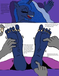 Size: 1024x1325 | Tagged: safe, artist:alexianbc, derpibooru import, princess luna, alicorn, anthro, plantigrade anthro, barefoot, disembodied hand, eyes closed, feet, fetish, foot fetish, hand, laughing, offscreen character, soles, tickle fetish, tickle torture, tickling, toe rings, toes