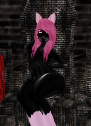 Size: 743x1024 | Tagged: safe, artist:pinkamenausuario, derpibooru import, pinkie pie, anthro, black sclera, gas mask, imvu, latex, latex suit, mask, pinkamena diane pie, red eyes, throne