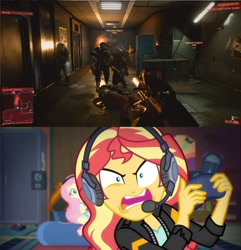 Size: 876x908 | Tagged: safe, artist:brandonale, derpibooru import, edit, edited screencap, screencap, fluttershy, sunset shimmer, human, better together, equestria girls, game stream, angry, cyberpunk 2077, gamer sunset, meme, rage, tell me what you need